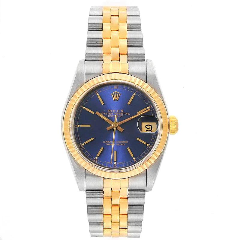 Ladies Rolex Midsize 31mm DateJust Two Tone 18K Yellow Gold / Stainless Steel Wristwatch with Blue Dial & Fluted Bezel. (Pre-Owned 68273)