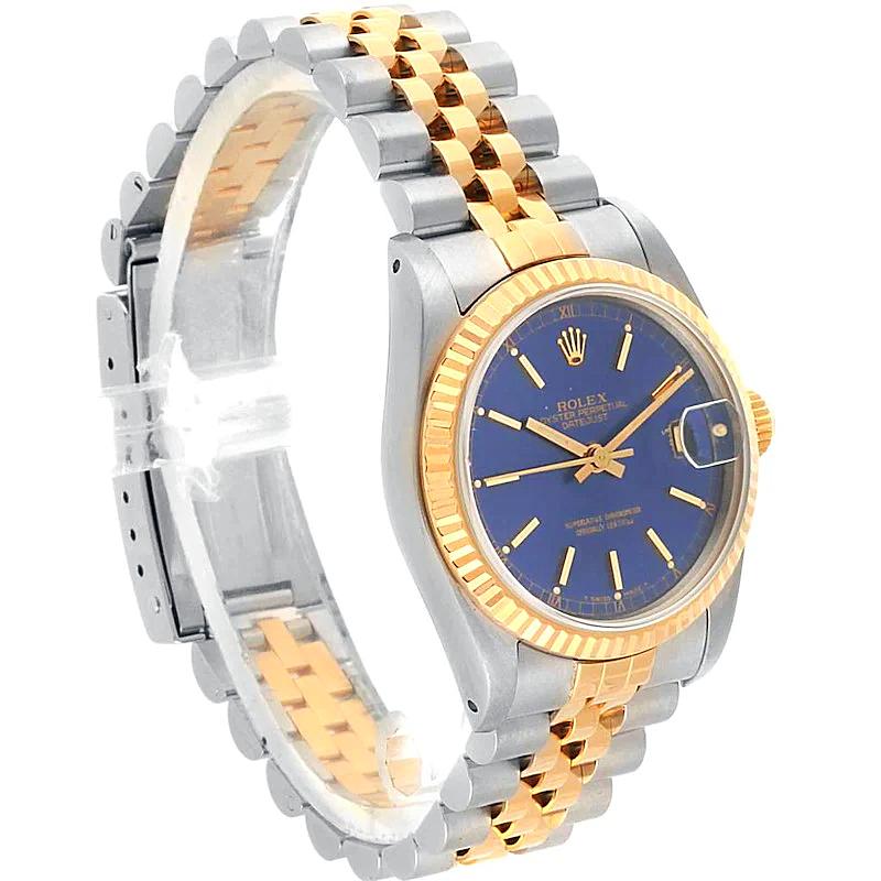 Ladies Rolex Midsize 31mm DateJust Two Tone 18K Yellow Gold / Stainless Steel Watch with Blue Dial and Fluted Bezel. (Pre-Owned 68273)