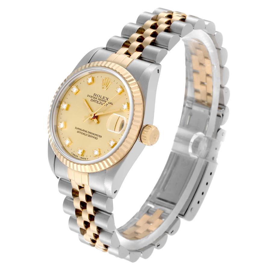 Ladies Rolex Midsize 31mm DateJust Two Tone 18K Yellow Gold / Stainless Steel Watch with Diamond Champagne Dial and Fluted Bezel. (Pre-Owned 68273)