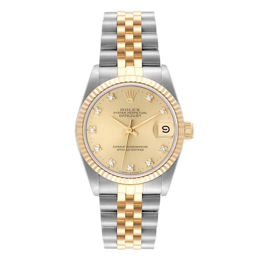 *1991 Ladies Rolex Midsize 31mm DateJust Two Tone 18K Yellow Gold / Stainless Steel Watch with Diamond Champagne Dial and Fluted Bezel. (Pre-Owned 68273)