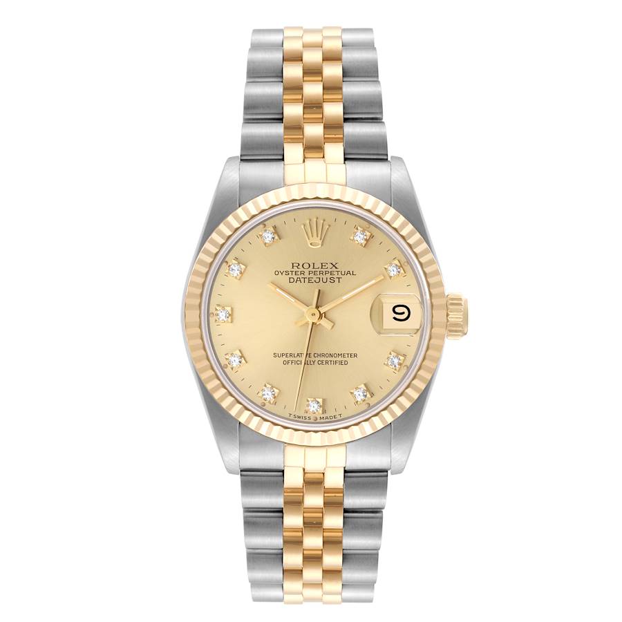 Ladies Rolex Midsize 31mm DateJust Two Tone 18K Yellow Gold / Stainless Steel Wristwatch with Diamond Champagne Dial & Fluted Bezel. (Pre-Owned 68273)