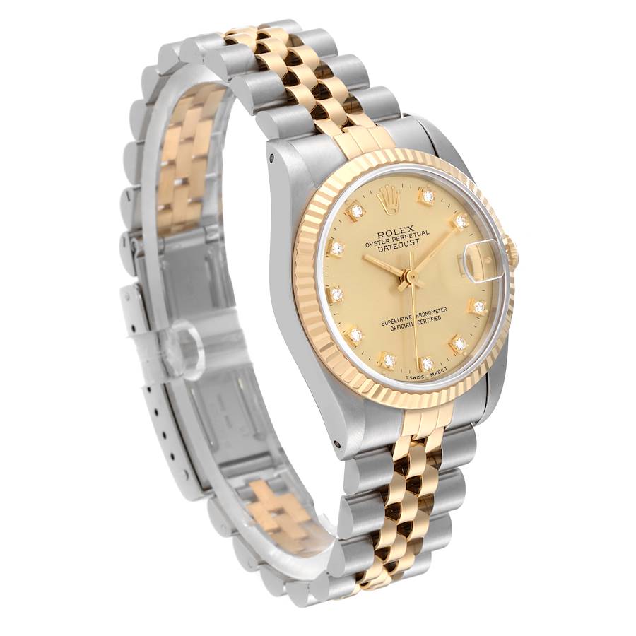 Ladies Rolex Midsize 31mm DateJust Two Tone 18K Yellow Gold / Stainless Steel Watch with Diamond Champagne Dial and Fluted Bezel. (Pre-Owned 68273)