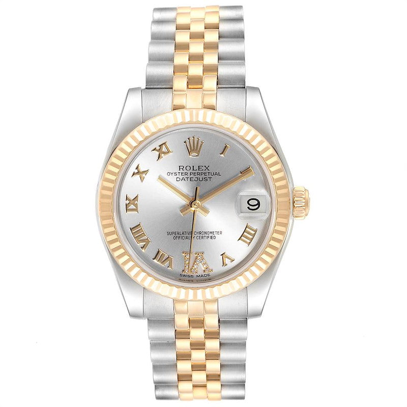 2013 Ladies Rolex Midsize 31mm DateJust Two Tone 18K Yellow Gold / Stainless Steel Watch with Silver VI Diamond Dial and Fluted Bezel. (Pre-Owned 178273)
