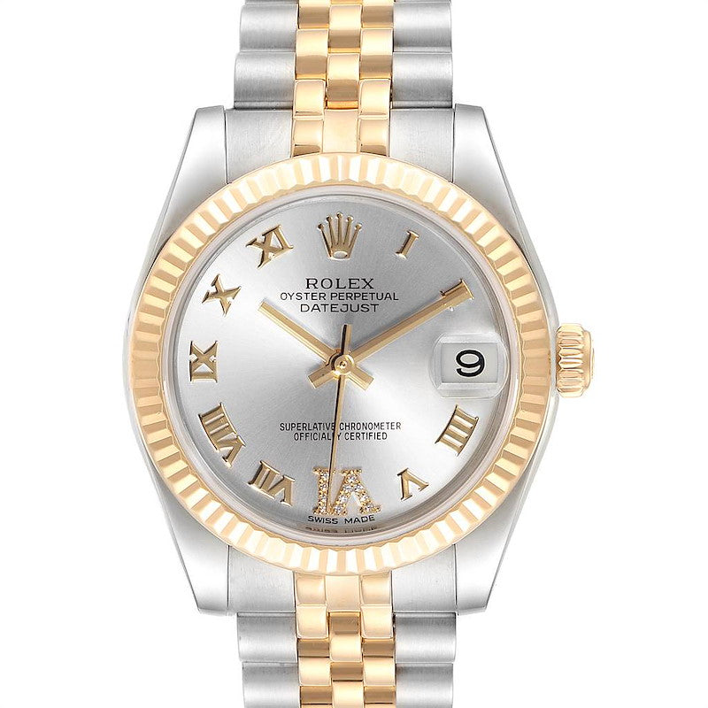 2013 Ladies Rolex Midsize 31mm DateJust Two Tone 18K Yellow Gold / Stainless Steel Watch with Silver VI Diamond Dial and Fluted Bezel. (Pre-Owned 178273)