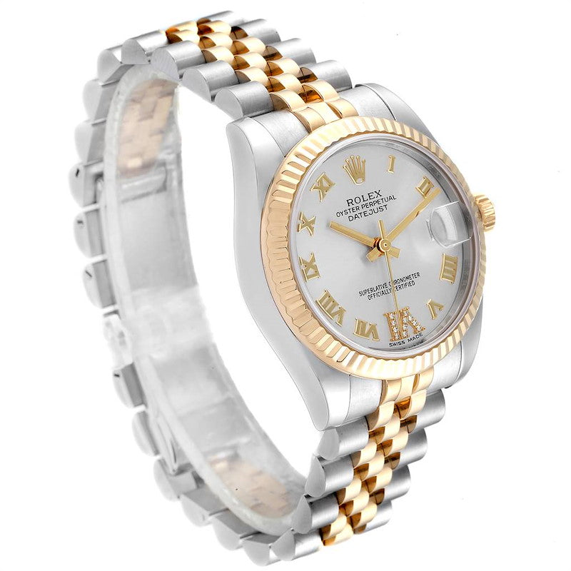 2013 Ladies Rolex Midsize 31mm DateJust Two Tone 18K Yellow Gold / Stainless Steel Watch with Silver VI Diamond Dial and Fluted Bezel. (Pre-Owned 178273)