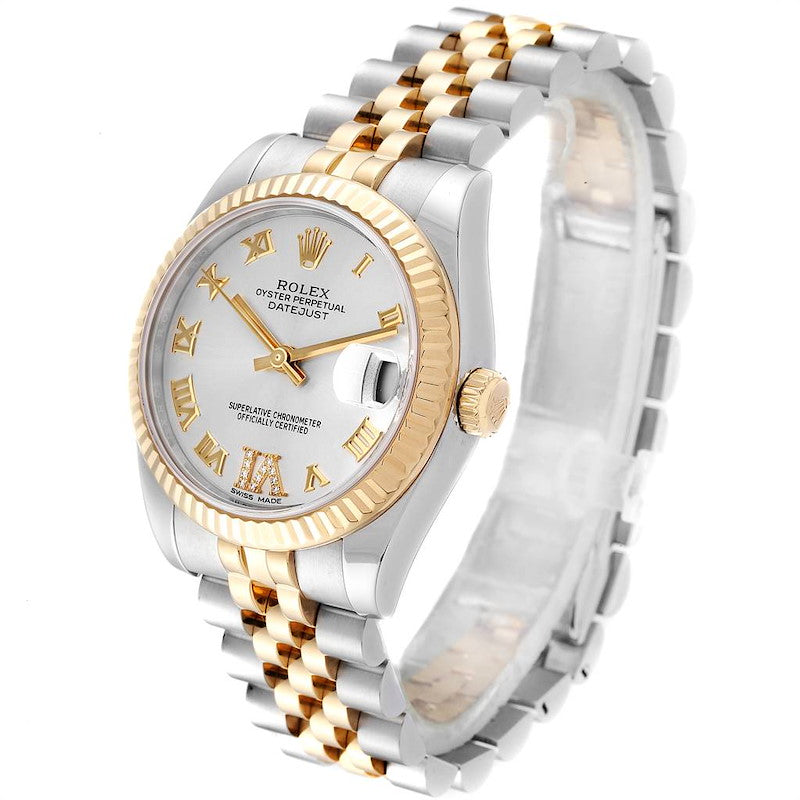 2013 Ladies Rolex Midsize 31mm DateJust Two Tone 18K Yellow Gold / Stainless Steel Watch with Silver VI Diamond Dial and Fluted Bezel. (Pre-Owned 178273)