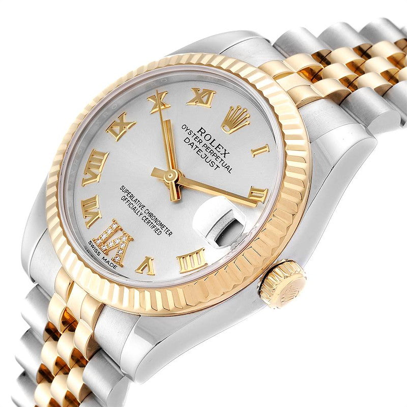 2013 Ladies Rolex Midsize 31mm DateJust Two Tone 18K Yellow Gold / Stainless Steel Watch with Silver VI Diamond Dial and Fluted Bezel. (Pre-Owned 178273)