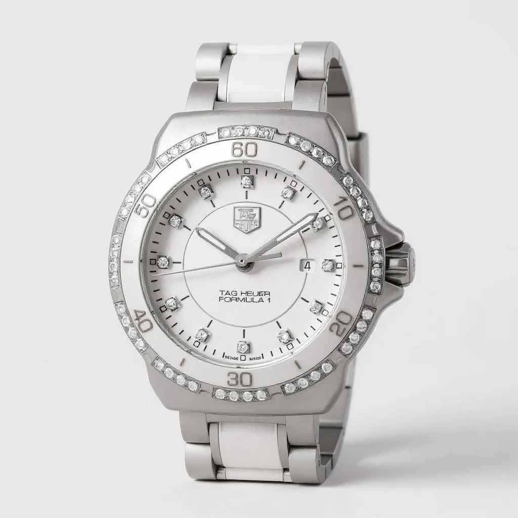 Ladies TAG Heuer 32mm Formula 1 Ceramic Watch with White Diamond Dial and Diamond Bezel. (Pre-Owned WAH1313)