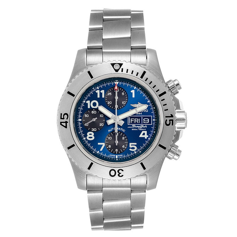 *Men's Breitling 44mm Superocean Automatic Stainless Steel Watch with Blue Chronograph Dial. (Pre-Owned A13341)