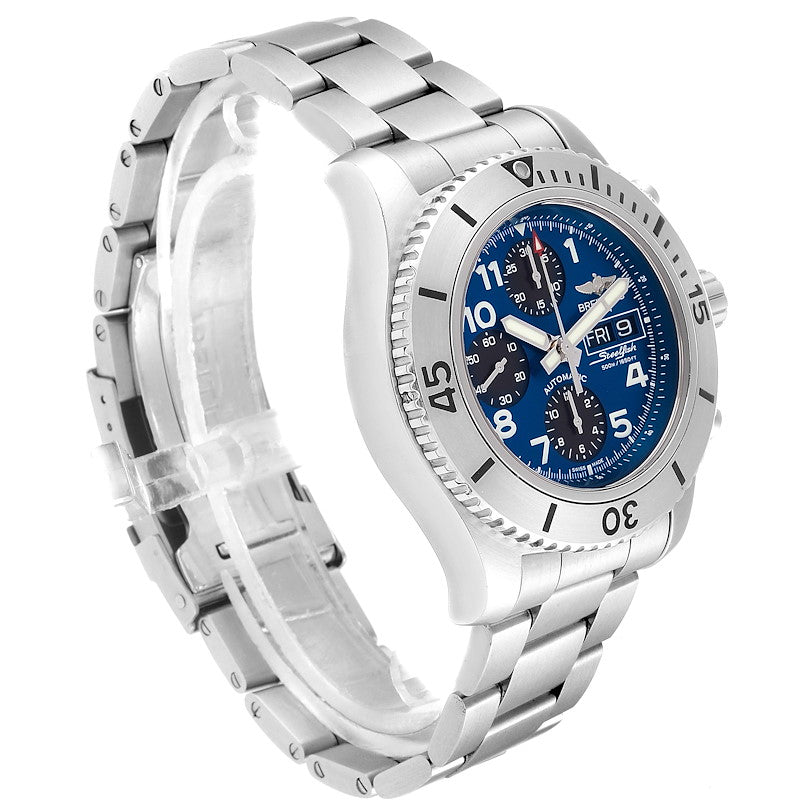 *Men's Breitling 44mm Superocean Automatic Stainless Steel Watch with Blue Chronograph Dial. (Pre-Owned A13341)