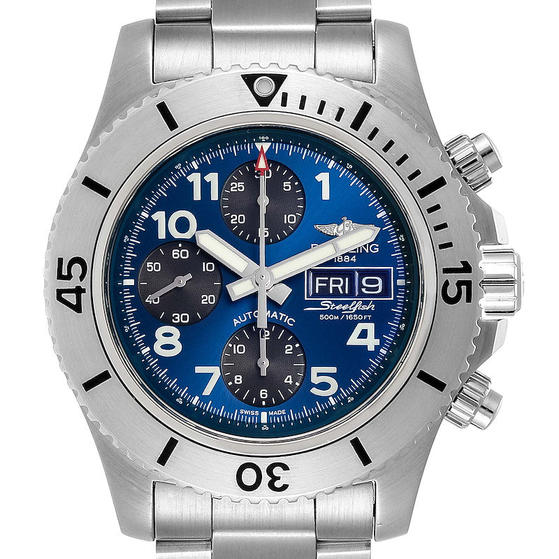 *Men's Breitling 44mm Superocean Automatic Stainless Steel Watch with Blue Chronograph Dial. (Pre-Owned A13341)