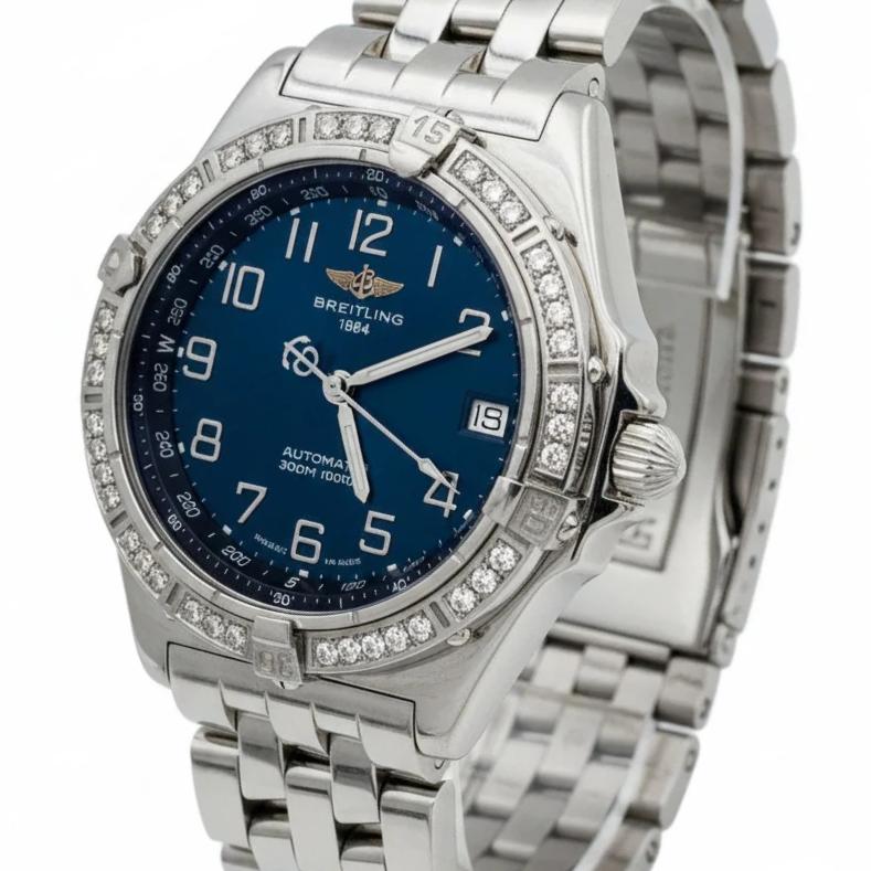 Men's Breitling A10350 Wings 38mm Stainless Steel Watch with Blue Dial and Diamond Bezel. (Pre-Owned)