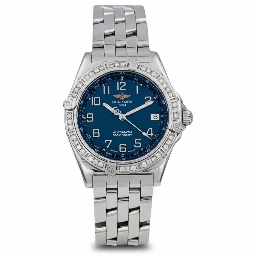 Men's Breitling A10350 Wings 38mm Stainless Steel Watch with Blue Dial and Diamond Bezel. (Pre-Owned)
