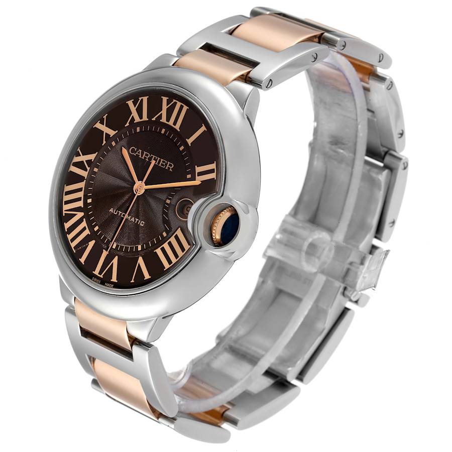 Men's Cartier 42mm Ballon Bleu Automatic Two Tone Rose Gold / Stainless Steel Watch with Roman Numeral Chocolate Guillochi Dial. (Pre-Owned W6920032)