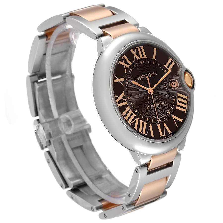 Men's Cartier 42mm Ballon Bleu Automatic Two Tone Rose Gold / Stainless Steel Watch with Roman Numeral Chocolate Guillochi Dial. (Pre-Owned W6920032)