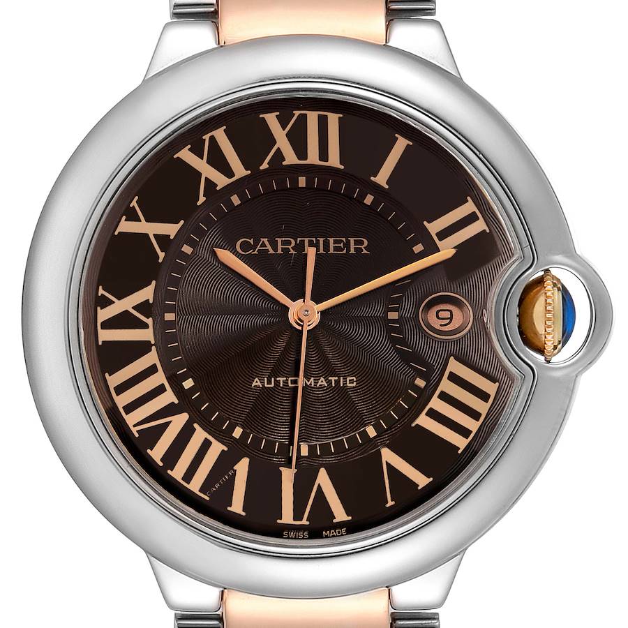 Men's Cartier 42mm Ballon Bleu Automatic Two Tone Rose Gold / Stainless Steel Watch with Roman Numeral Chocolate Guillochi Dial. (Pre-Owned W6920032)