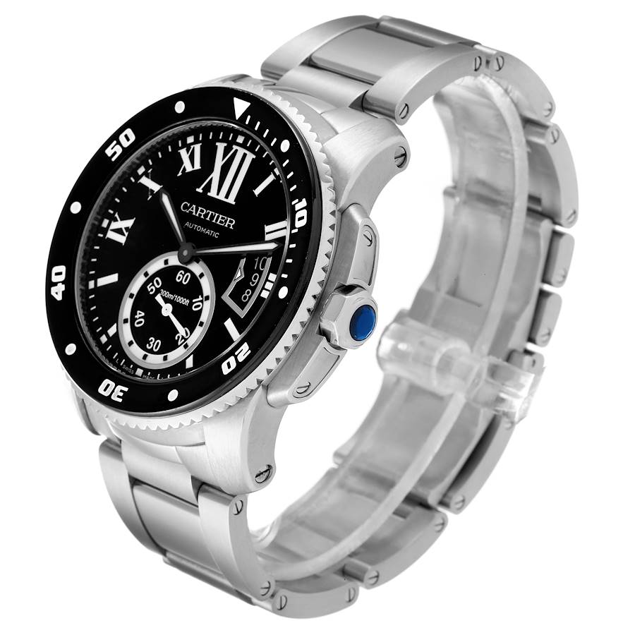 Men's Cartier 44mm Calibre Automatic Stainless Steel Watch with Roman Numeral Black Dial and Rotating Bezel. (Pre-Owned W7100057)