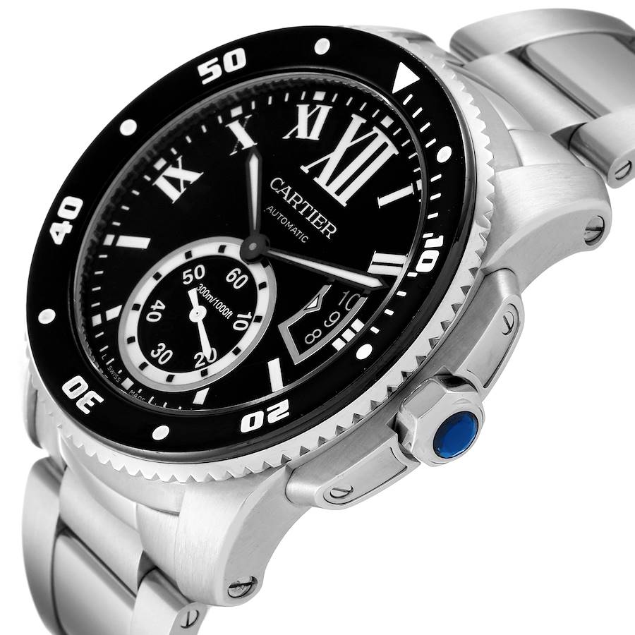 Men's Cartier 44mm Calibre Automatic Stainless Steel Watch with Roman Numeral Black Dial and Rotating Bezel. (Pre-Owned W7100057)