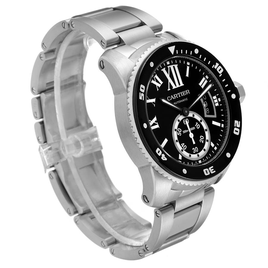Men's Cartier 44mm Calibre Automatic Stainless Steel Watch with Roman Numeral Black Dial and Rotating Bezel. (Pre-Owned W7100057)