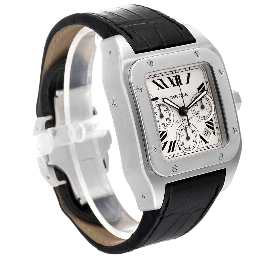 Men's Cartier 42mm Santos 100 XL Chronograph Watch with Black Leather Band and Silver Dial. (Pre-Owned W20090X8)