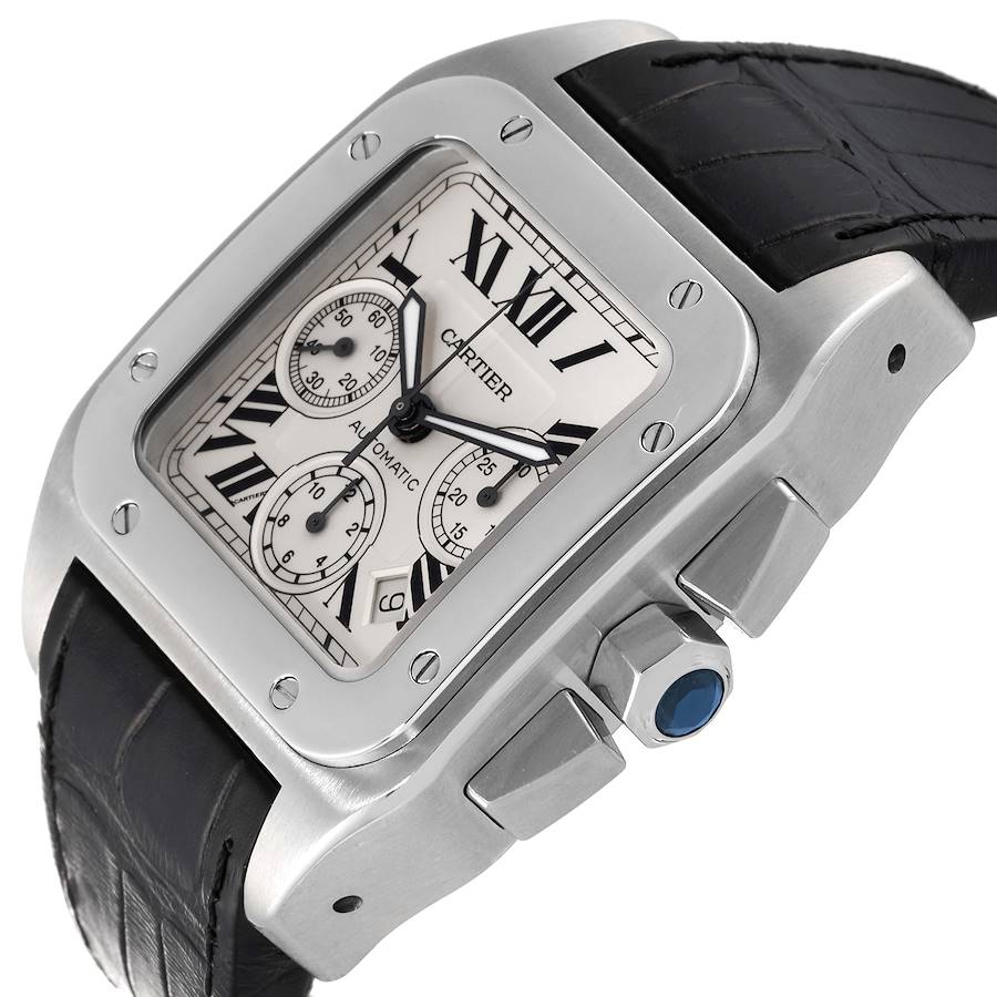 Men's Cartier 42mm Santos 100 XL Chronograph Watch with Black Leather Band and Silver Dial. (Pre-Owned W20090X8)