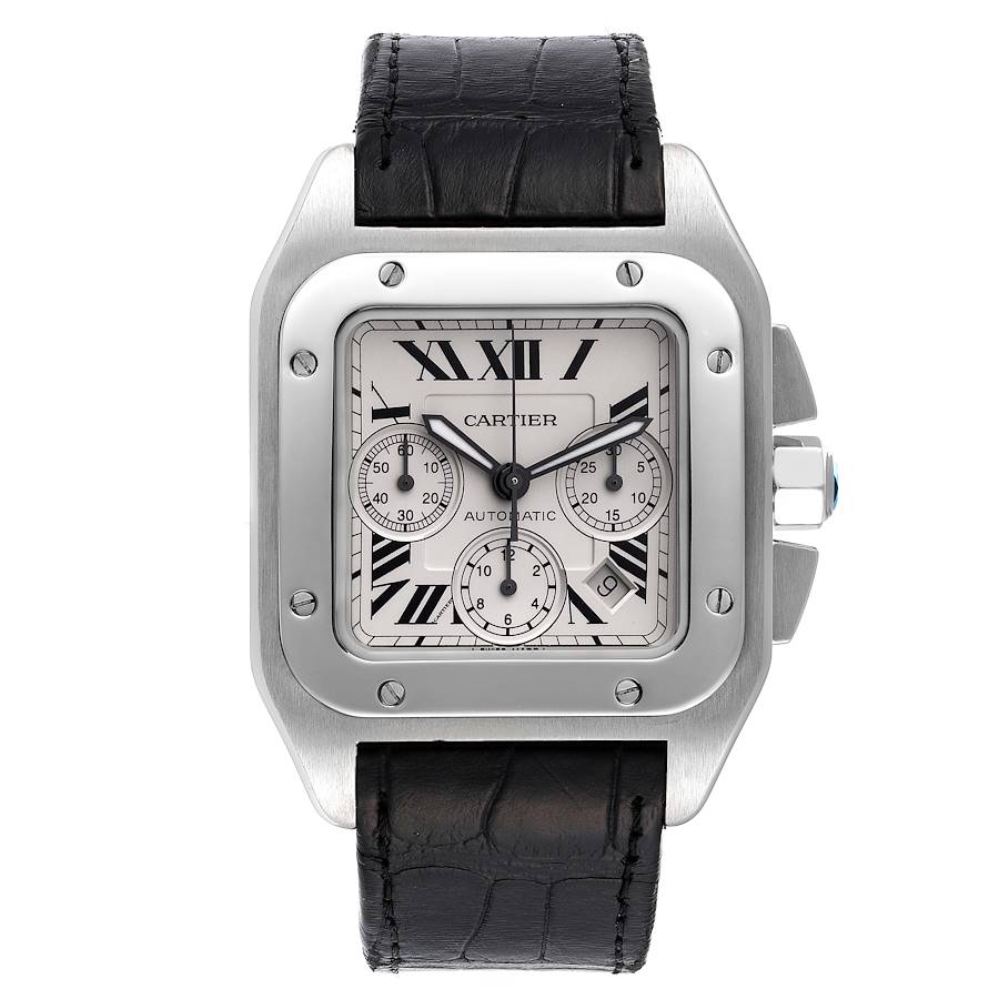 Men's Cartier 42mm Santos 100 XL Chronograph Watch with Black Leather Band and Silver Dial. (Pre-Owned W20090X8)