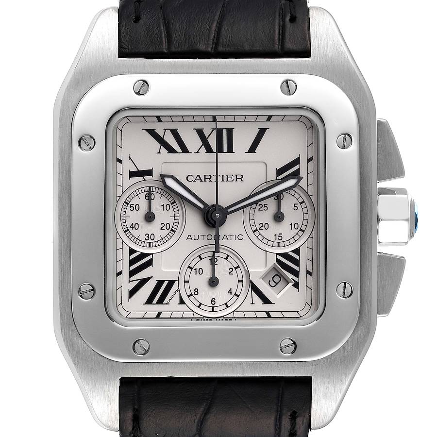 Men's Cartier 42mm Santos 100 XL Chronograph Watch with Black Leather Band and Silver Dial. (Pre-Owned W20090X8)