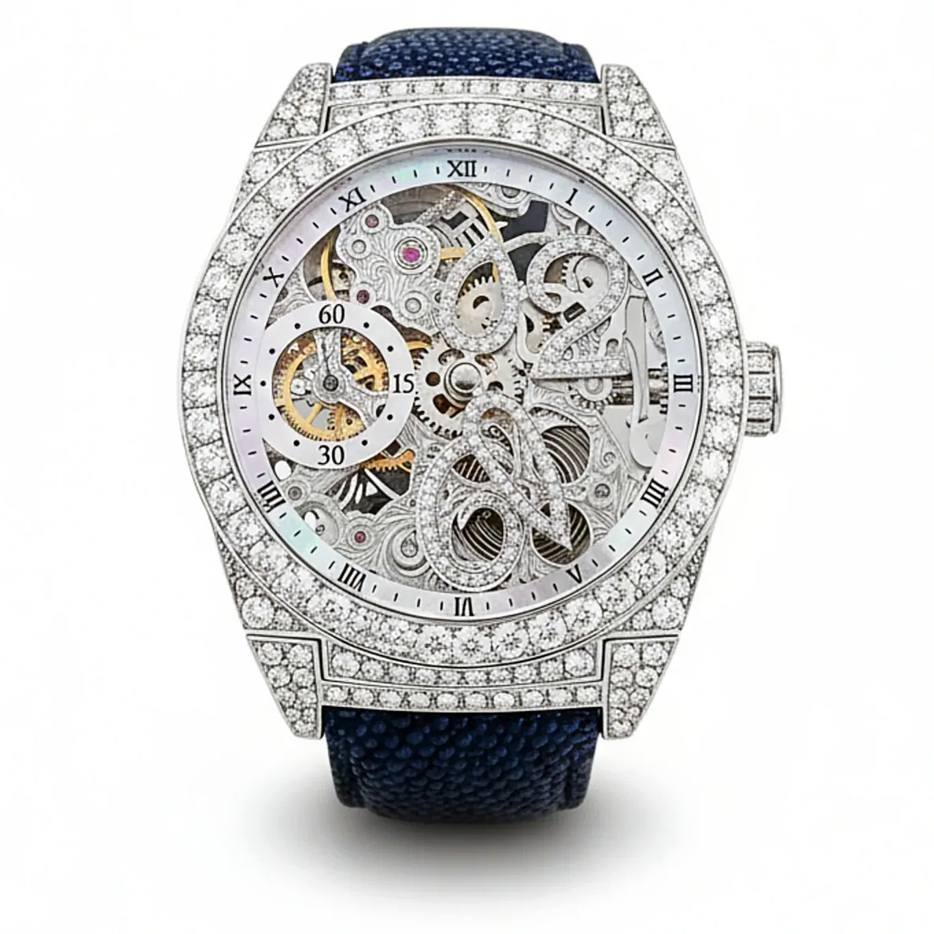 Men's D'Atlantis 44mm Full Diamond Skeleton Automatic Watch with Mother of Pearl Dial and Diamond Bezel. (Pre-Owned)