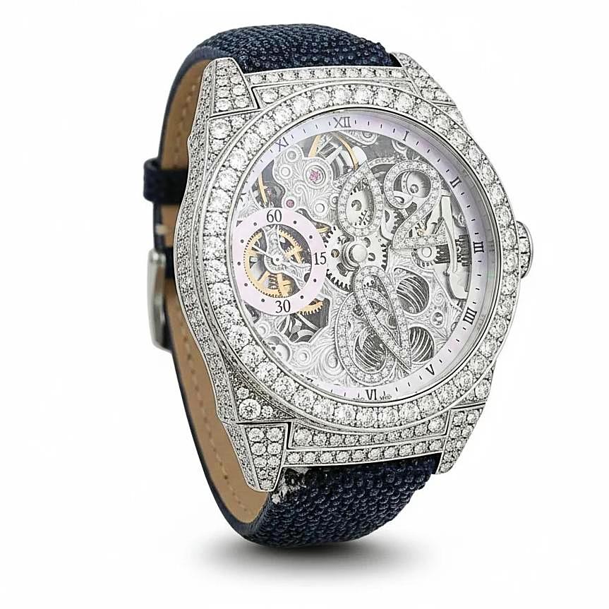 Men's D'Atlantis 44mm Full Diamond Skeleton Automatic Watch with Mother of Pearl Dial and Diamond Bezel. (Pre-Owned)