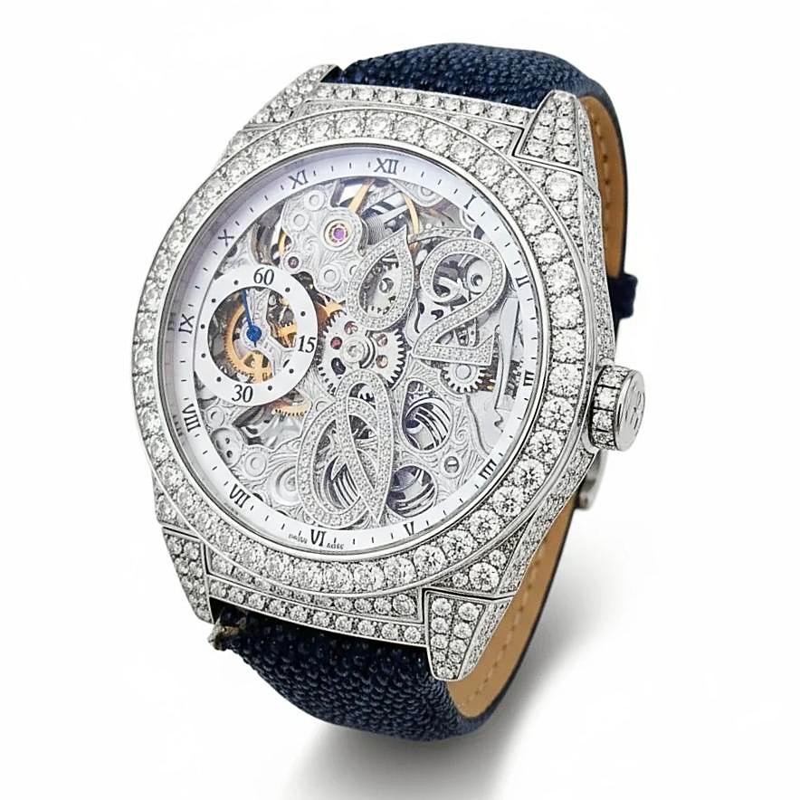 Men's D'Atlantis 44mm Full Diamond Skeleton Automatic Watch with Mother of Pearl Dial and Diamond Bezel. (Pre-Owned)
