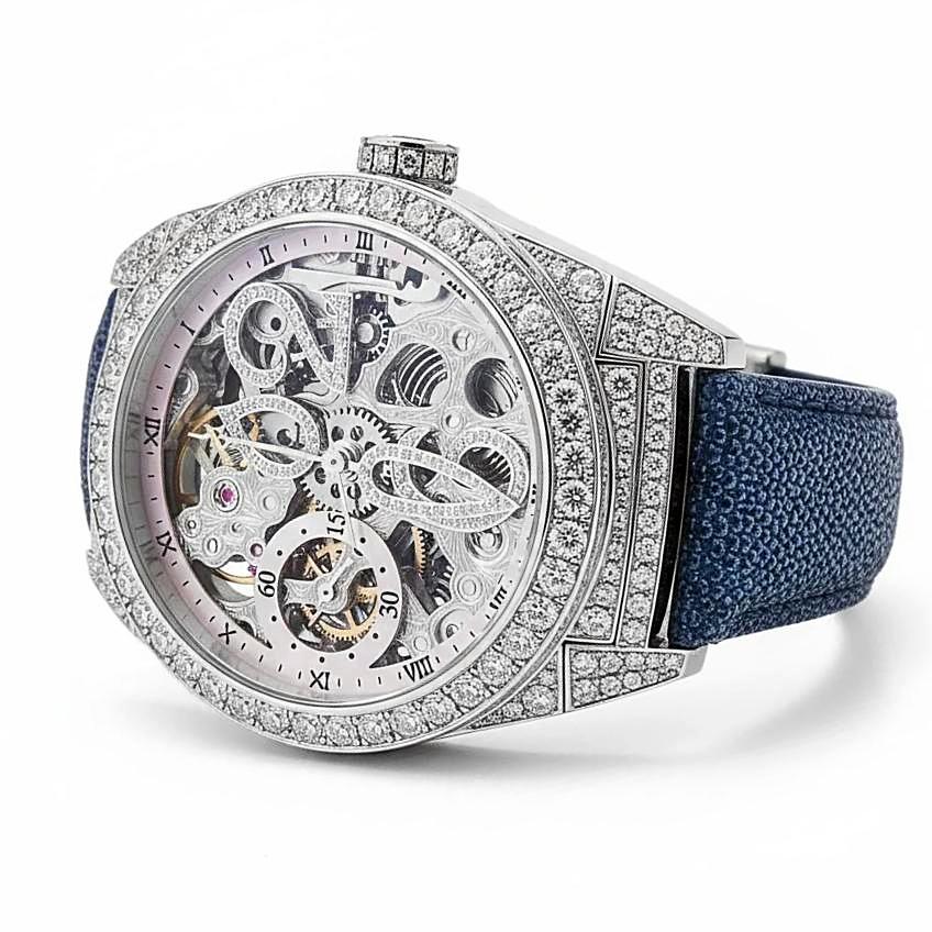Men's D'Atlantis 44mm Full Diamond Skeleton Automatic Watch with Mother of Pearl Dial and Diamond Bezel. (Pre-Owned)