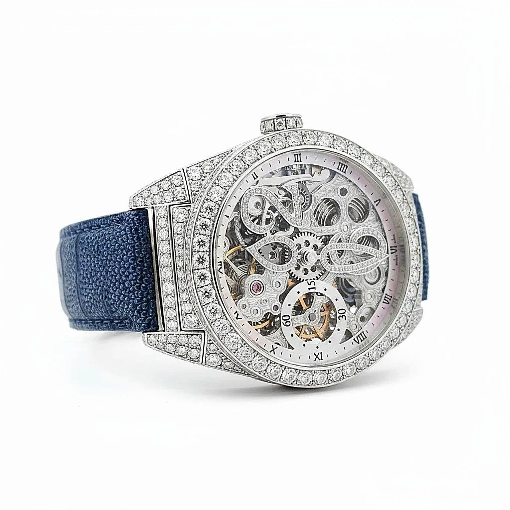 Men's D'Atlantis 44mm Full Diamond Skeleton Automatic Watch with Mother of Pearl Dial and Diamond Bezel. (Pre-Owned)