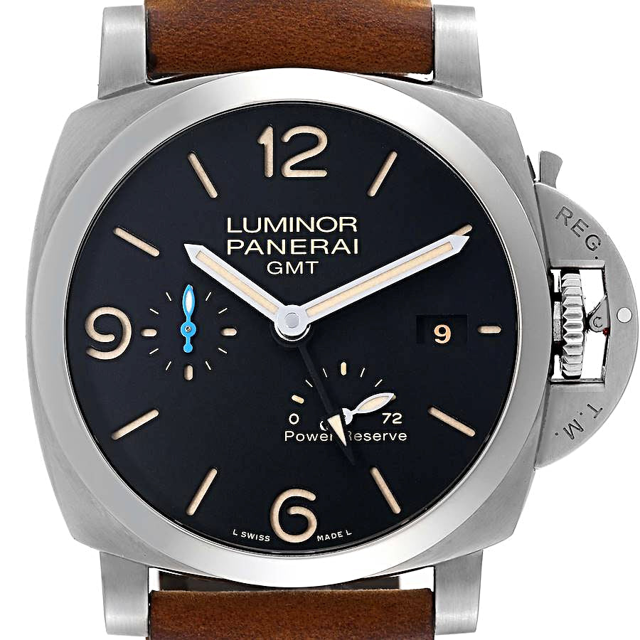 Men's Panerai 44mm Luminor GMT Automatic Watch with Black Dial and Brown Leather Band. (Pre-Owned)