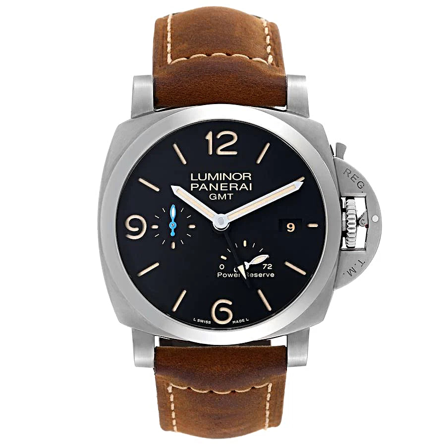 Men's Panerai 44mm Luminor GMT Automatic Watch with Black Dial and Brown Leather Band. (Pre-Owned)