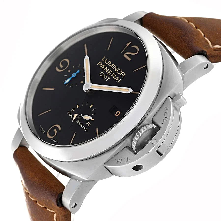 Men's Panerai 44mm Luminor GMT Automatic Watch with Black Dial and Brown Leather Band. (Pre-Owned)