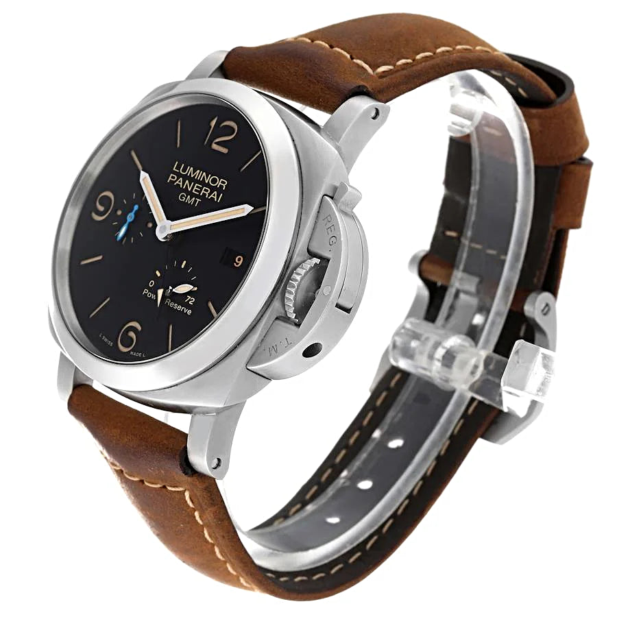 Men's Panerai 44mm Luminor GMT Automatic Watch with Black Dial and Brown Leather Band. (Pre-Owned)