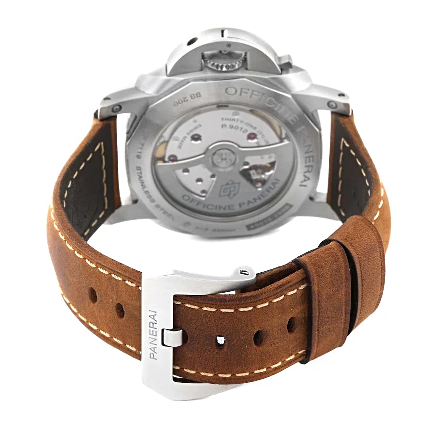 Men's Panerai 44mm Luminor GMT Automatic Watch with Black Dial and Brown Leather Band. (Pre-Owned)