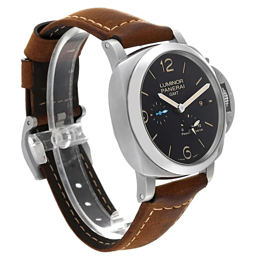 Men's Panerai 44mm Luminor GMT Automatic Watch with Black Dial and Brown Leather Band. (Pre-Owned)