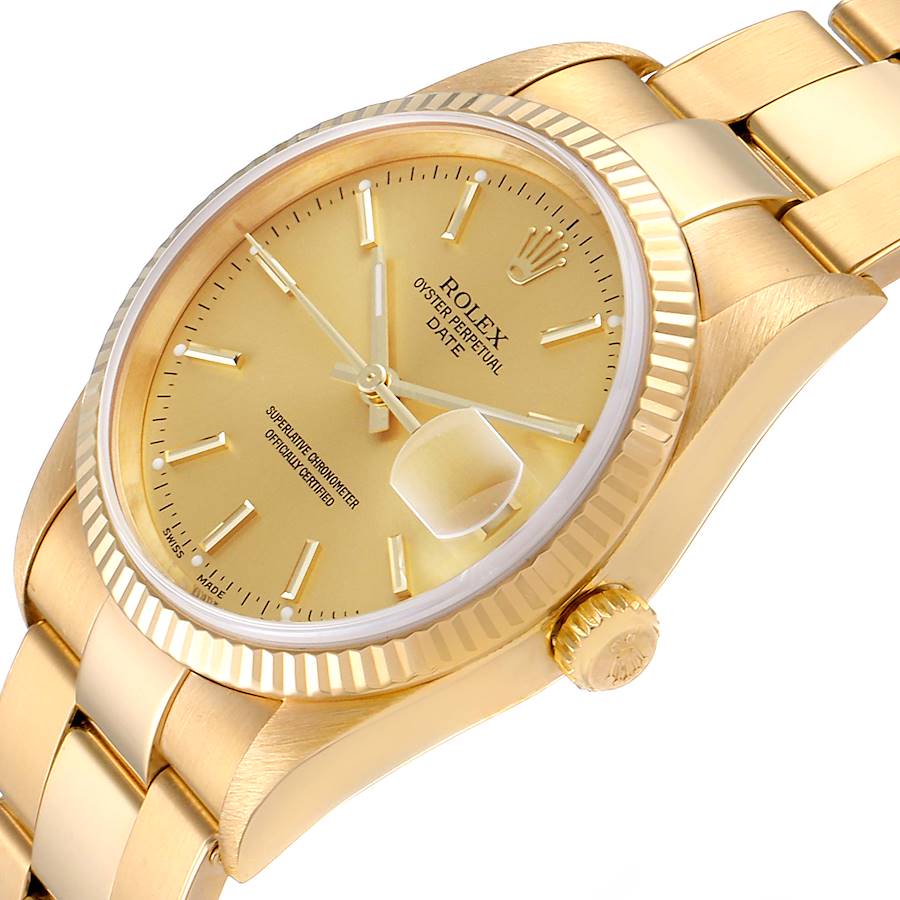 Men's Rolex 34mm Date Presidential 18K Yellow Gold Watch with Gold Dial and Fluted Bezel. (Pre-Owned 15238)
