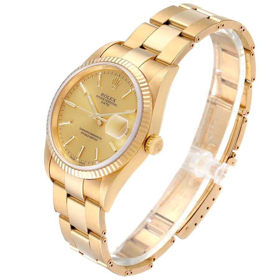 Men's Rolex 34mm Date Presidential 18K Yellow Gold Watch with Gold Dial and Fluted Bezel. (Pre-Owned 15238)