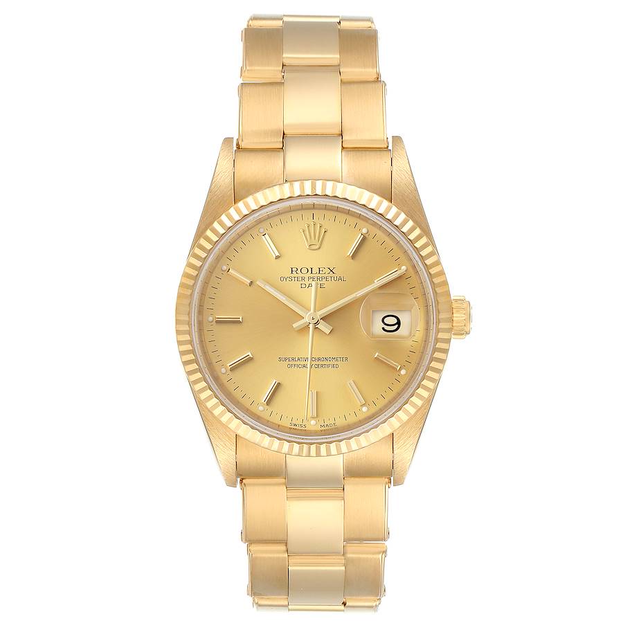 Men's Rolex 34mm Date Presidential 18K Yellow Gold Watch with Gold Dial and Fluted Bezel. (Pre-Owned 15238)