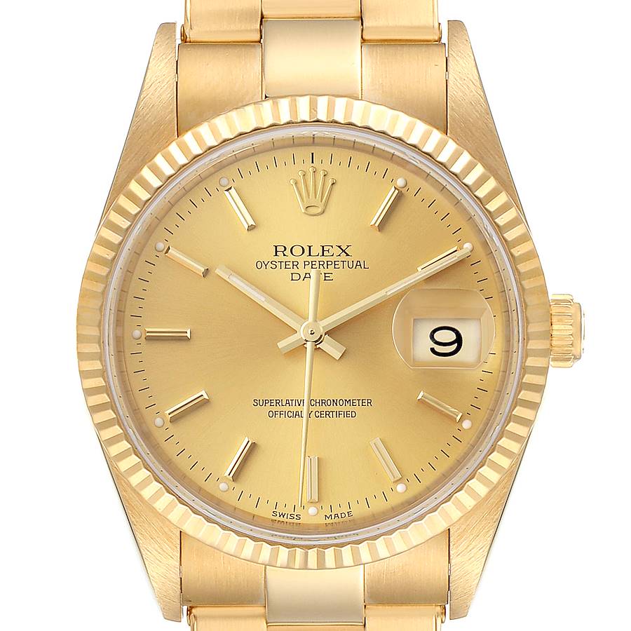 Men's Rolex 34mm Date Presidential 18K Yellow Gold Watch with Gold Dial and Fluted Bezel. (Pre-Owned 15238)