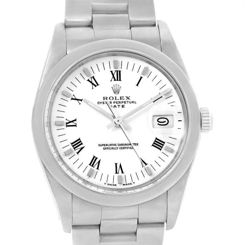 Men's Rolex 34mm Date Vintage Stainless Steel Watch with White Dial and Fluted Bezel. (Pre-Owned 15000)