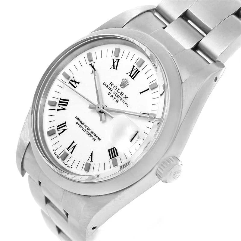 Men's Rolex 34mm Date Vintage Stainless Steel Watch with White Dial and Fluted Bezel. (Pre-Owned 15000)