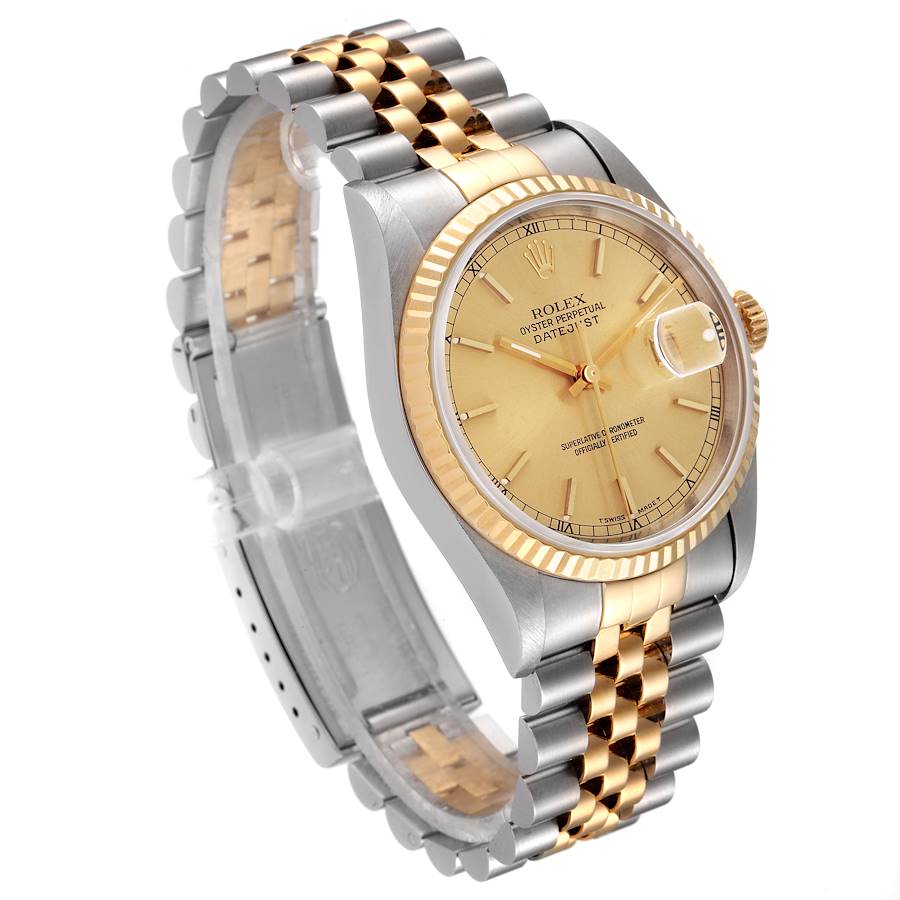 Men's Rolex 36mm DateJust 18K Gold / Stainless Steel Two Tone Wristwatch w/ Fluted Bezel & Champagne Dial. (NEW 16233)