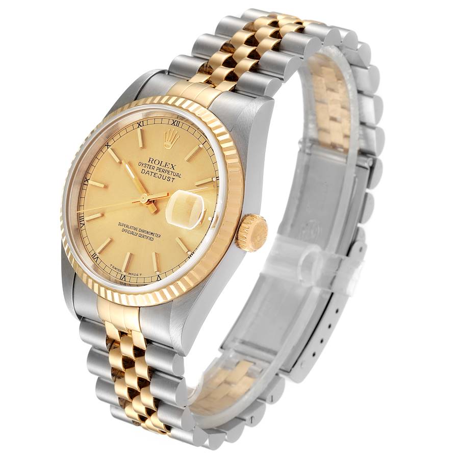 Men's Rolex 36mm DateJust 18K Gold / Stainless Steel Two Tone Wristwatch w/ Fluted Bezel & Champagne Dial. (NEW 16233)