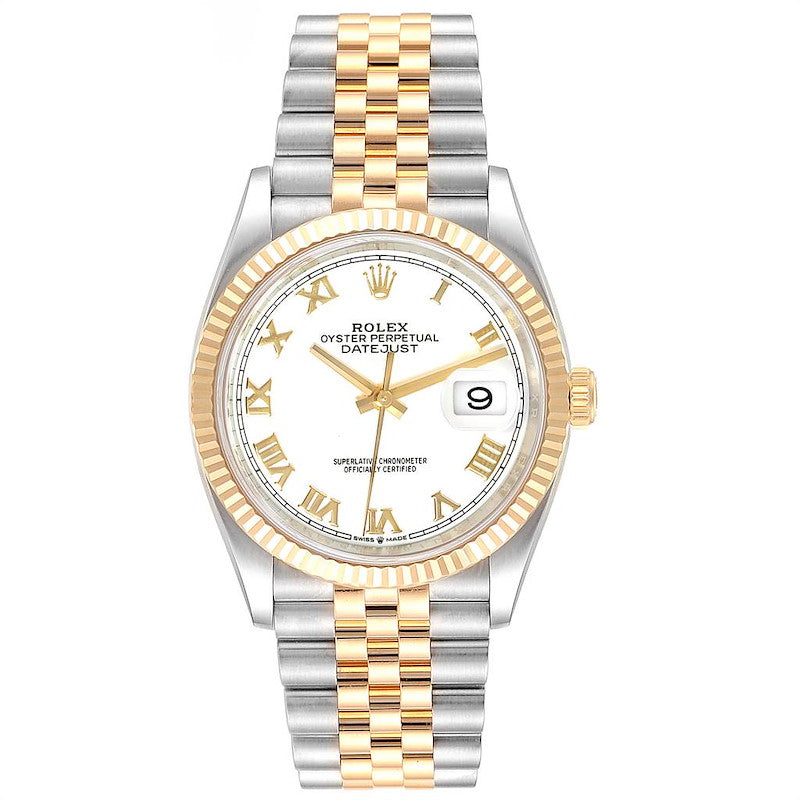 Men's Rolex 36mm DateJust 18K Gold / Stainless Steel Two Tone Watch with White Dial and Fluted Bezel. (Pre-Owned 126233)