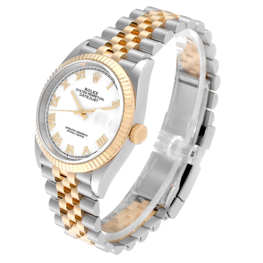 Men's Rolex 36mm DateJust 18K Gold / Stainless Steel Two Tone Watch with White Dial and Fluted Bezel. (Pre-Owned 126233)