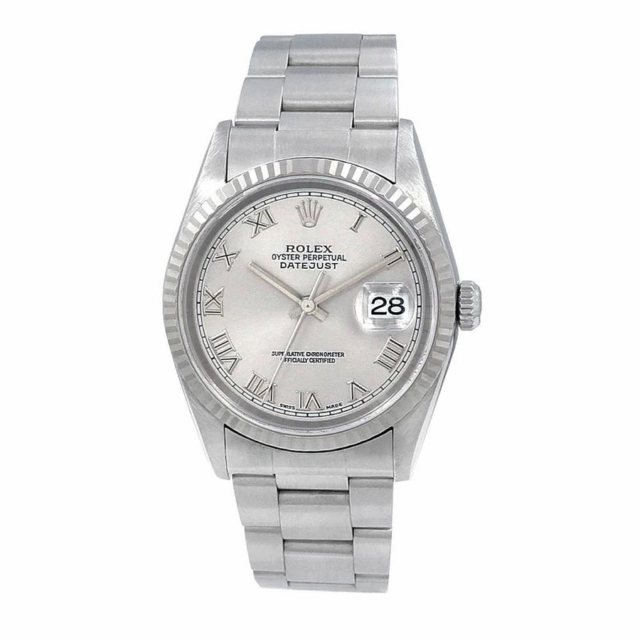 Men's Rolex 36mm DateJust Oyster Perpetual Stainless Steel Watch with Silver Dial and Fluted Bezel. (Pre-Owned 16220)