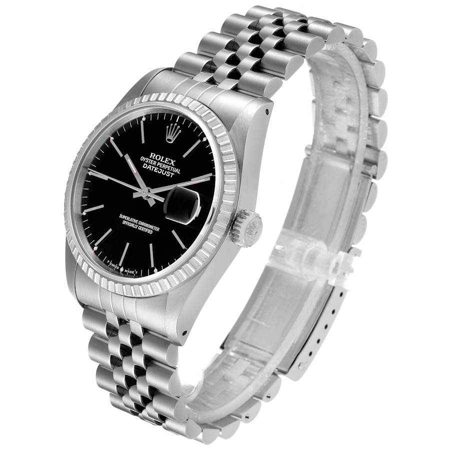 Men's Rolex 36mm DateJust Stainless Steel Watch with Black Dial and Fluted Bezel. (Pre-Owned 16220)